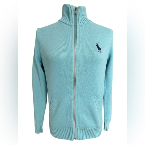 Polo Ralph Lauren Golf W’s Full Zip Sweater Small Aqua sky blue Jacket cotton - Picture 2 of 14